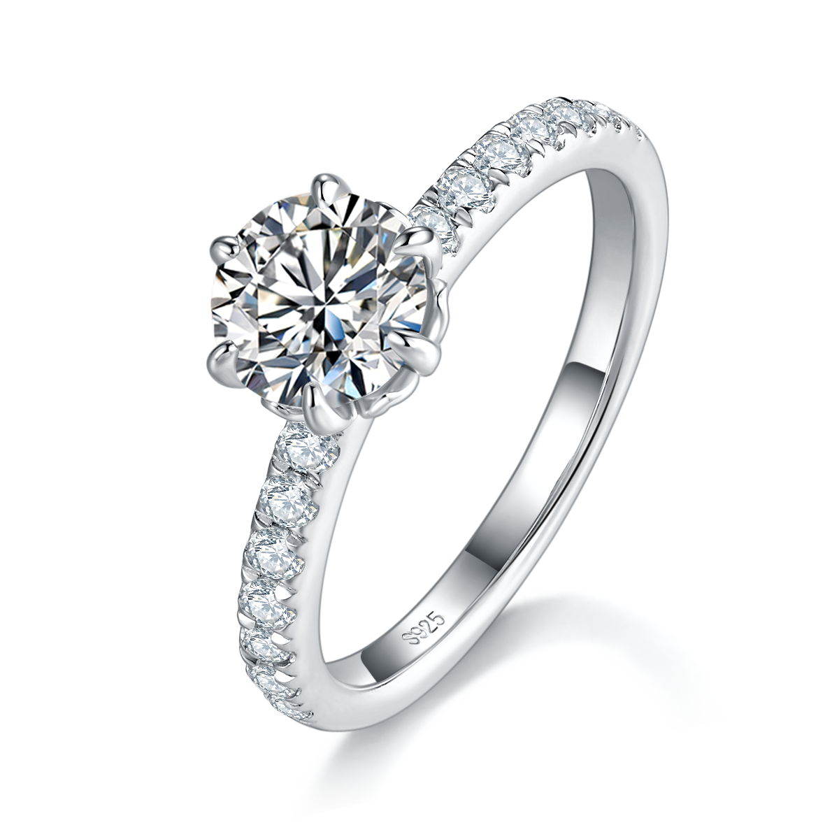 花瓣六爪圆钻女戒S925银镀白金定制选款莫桑钻1.0ct
